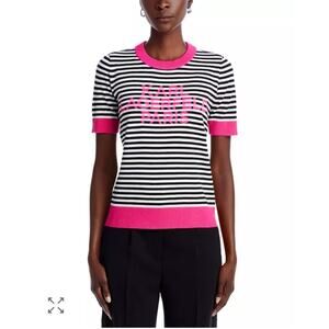 Karl Lagerfeld Paris Stripe Logo Short Sleeve Knit Sweater Pink Trim Size Small